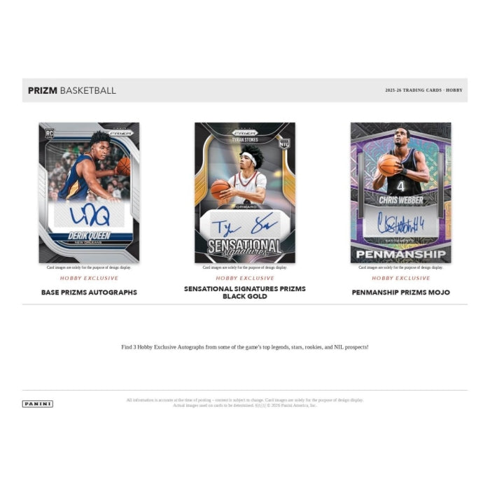 A promotional graphic for Prizm Basketball trading cards, showing three card examples: a 2024 Chris Brockman autograph card, a 2024 Trey Loughner Senational card, and a 2024 Chris Moore Pennmanship card. The graphic includes text describing the cards and Panini branding.