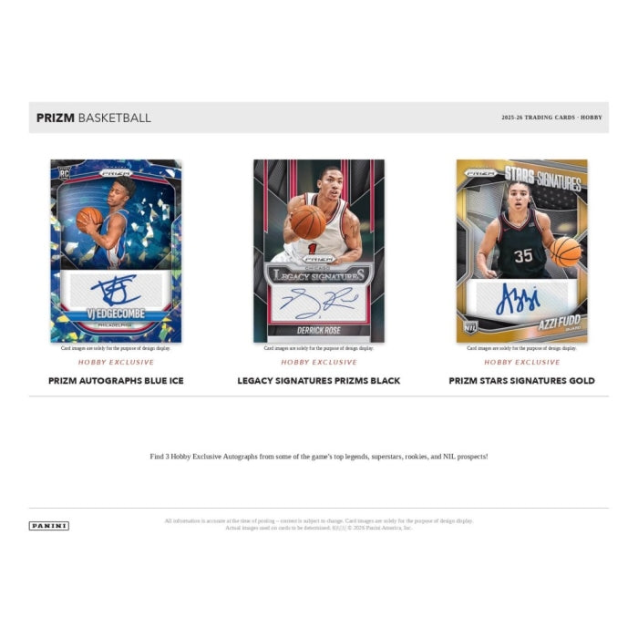 Panini Prizm Basketball 2025 Trading Cards - 2025 Roster Box packaging display showing three card designs: Prizm Autographs Blue Ice, Legacy Signatures Prizms Black, and Prizm Stars Signatures Gold.