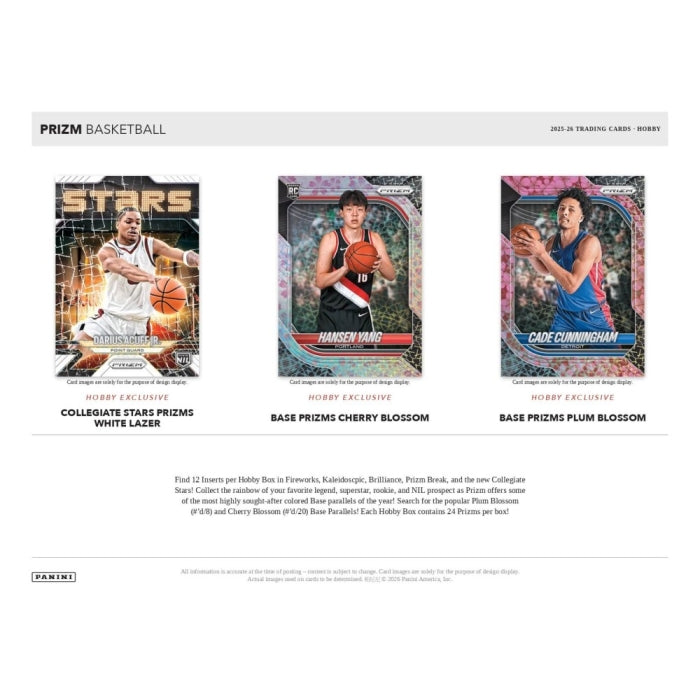 Panini Prizm Basketball 2023 Top 30 Trading Cards - Hobby box cover and front insert showcasing three basketball trading cards: Robert Exclusive, Hansen Vard, and Cade Cunningham.