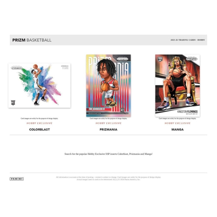 Panini Prizm 2025-26 Basketball Ultra-Rare Case Hits including Colorblast, Prizmania, and Manga Cards shown at a an angle on a plain white background.