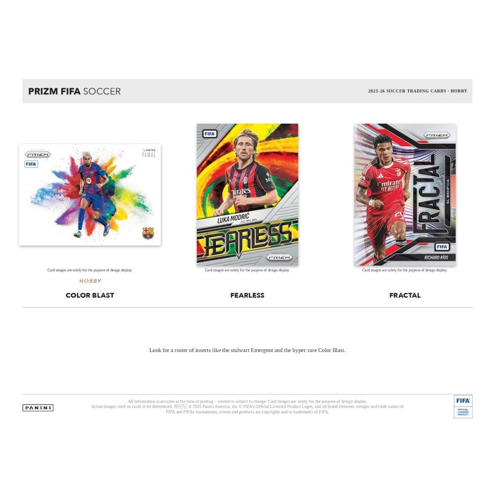 Three Prizm FIFA Soccer trading cards displayed on a white background.