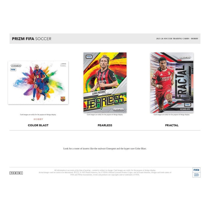 Three Prizm FIFA Soccer trading cards displayed on a white background.