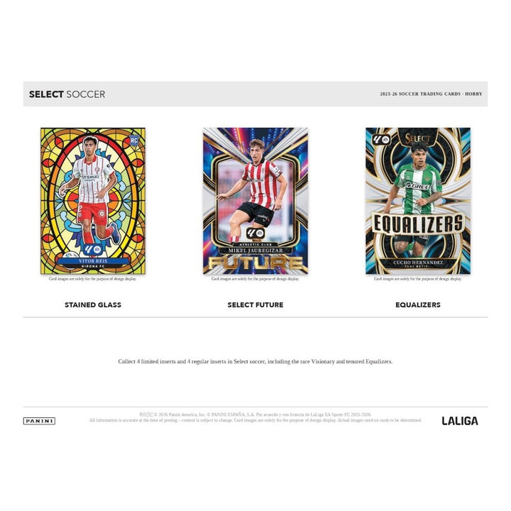 Three soccer trading card images with 'Stained Glass', 'Select Future', and 'Equalizers' labels on a white background.