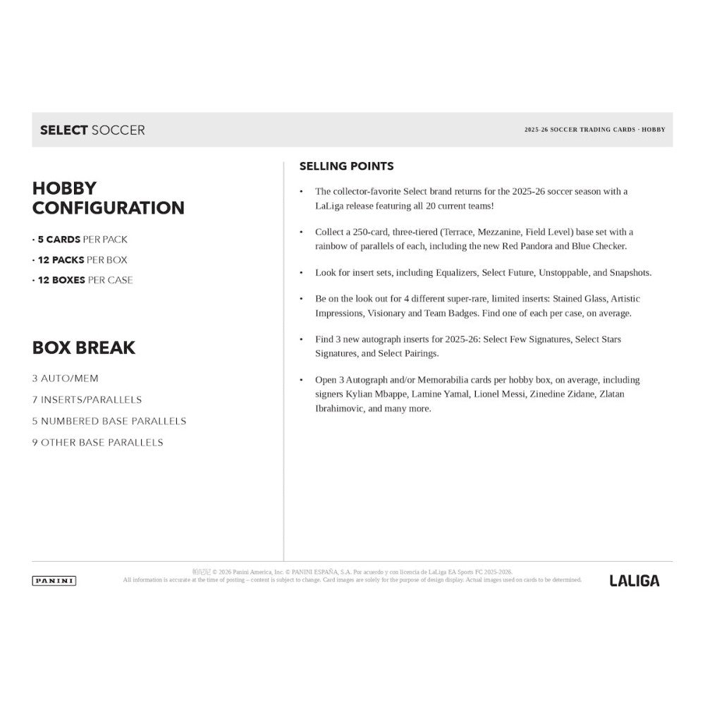 Soccer trading card product sheet with hobby configuration and selling points.