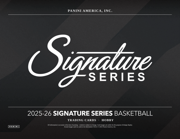 Panini America, Inc. Signature Series 2025-26 Basketball trading cards packaging on a dark background.