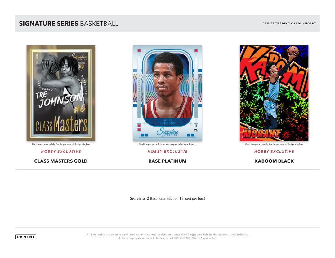 Three basketball trading card designs with labels for Class Masters Gold, Base Platinum, and Kaboom Black on a white background.