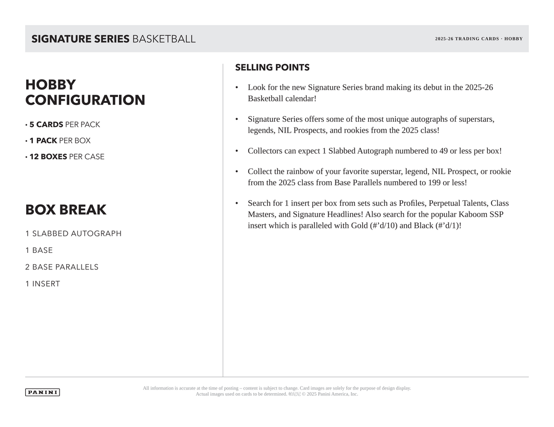 Basketball trading card product description with hobby configuration and box break details.