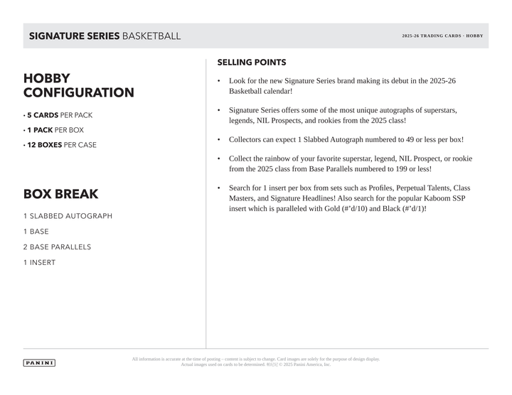 Basketball trading card product description with hobby configuration and box break details.