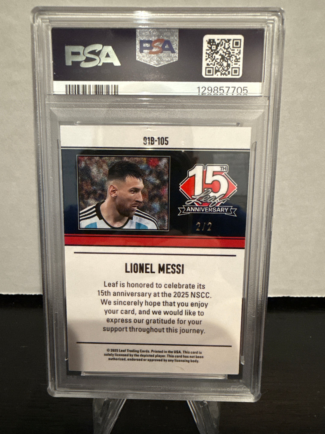 Lionel Messi 2025 Leaf 15th Anniversary Black Shimmer, 2/2, PSA 9 Mint