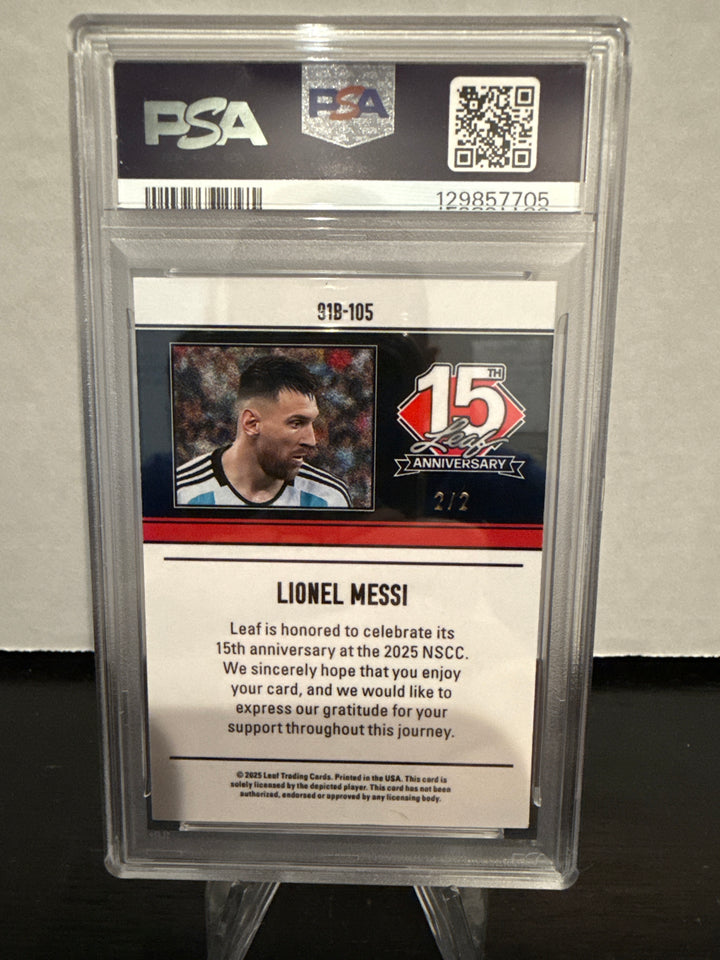 Lionel Messi 2025 Leaf 15th Anniversary Black Shimmer, 2/2, PSA 9 Mint