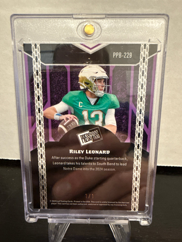 Riley Leonard 2024 Leaf Press Pass 1/1 Gold Vinyl