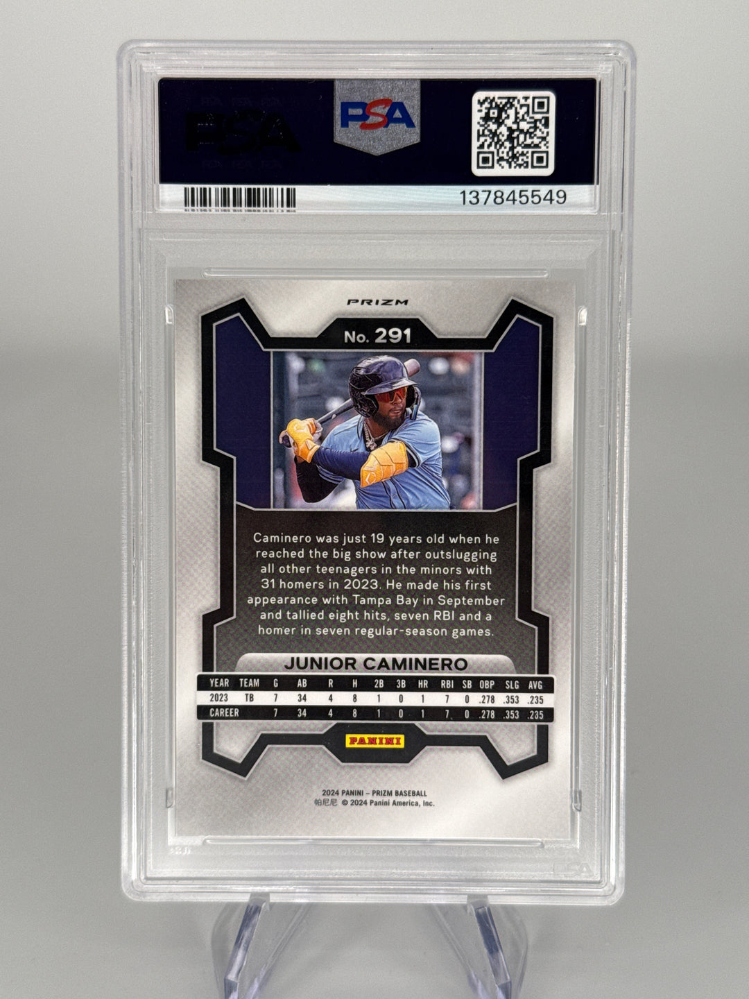 Junior Caminero 2024 Panini Prizm Silver Prizm Rookie, PSA 10 Gem Mint