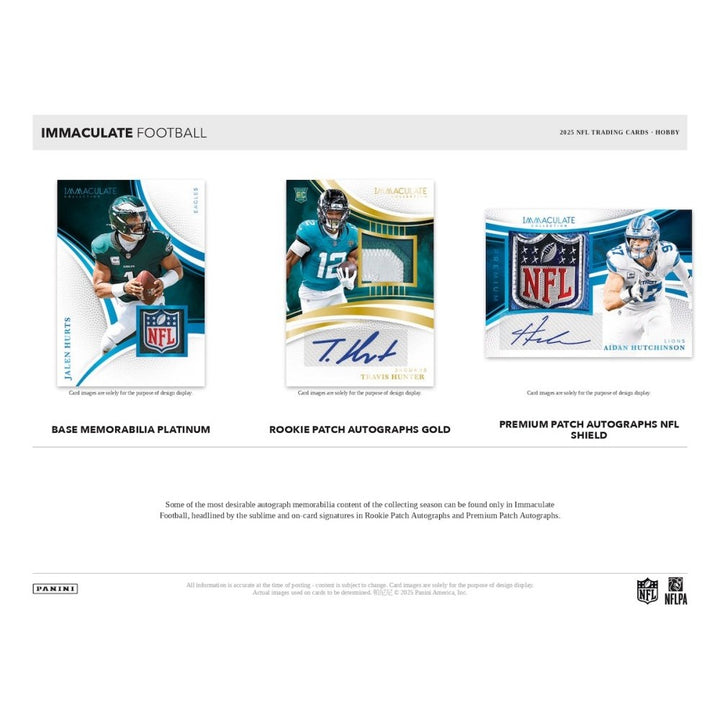 Three football trading card designs with player images and NFL branding on a white background.