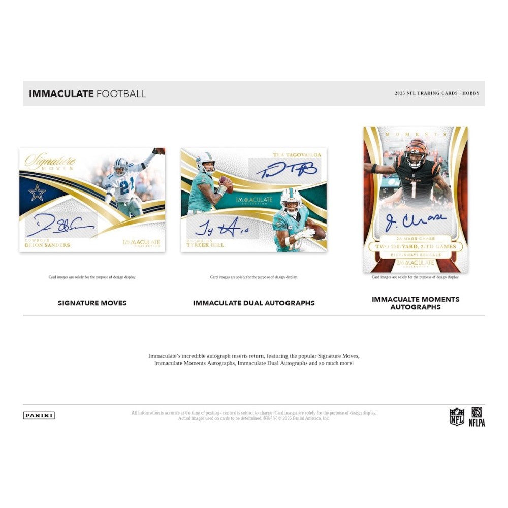Three sports trading cards with autographs on a white background, featuring 'Immaculate Football' branding.