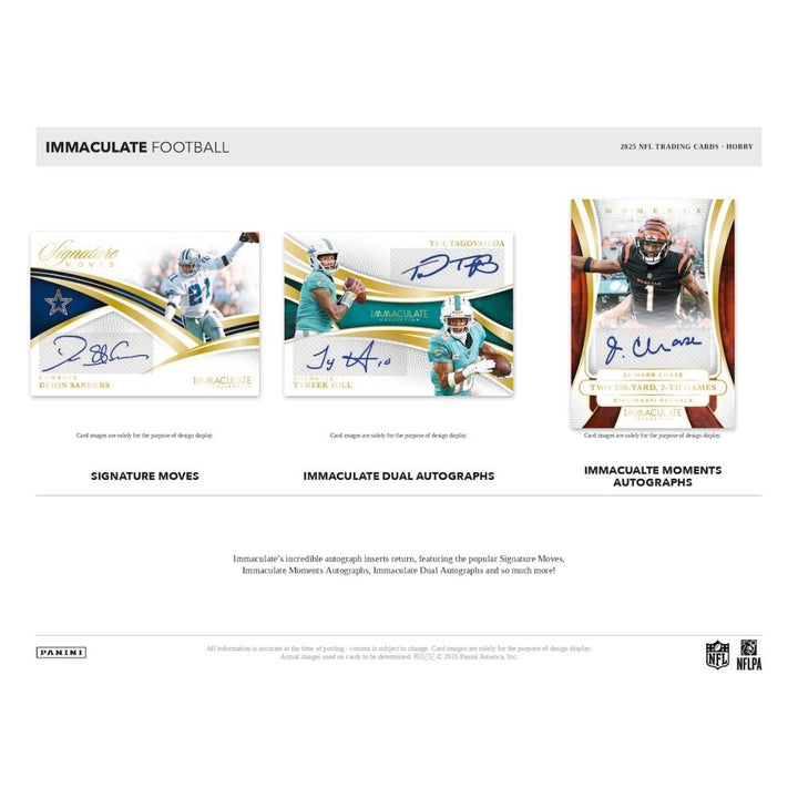 Three sports trading cards with autographs on a white background, featuring 'Immaculate Football' branding.
