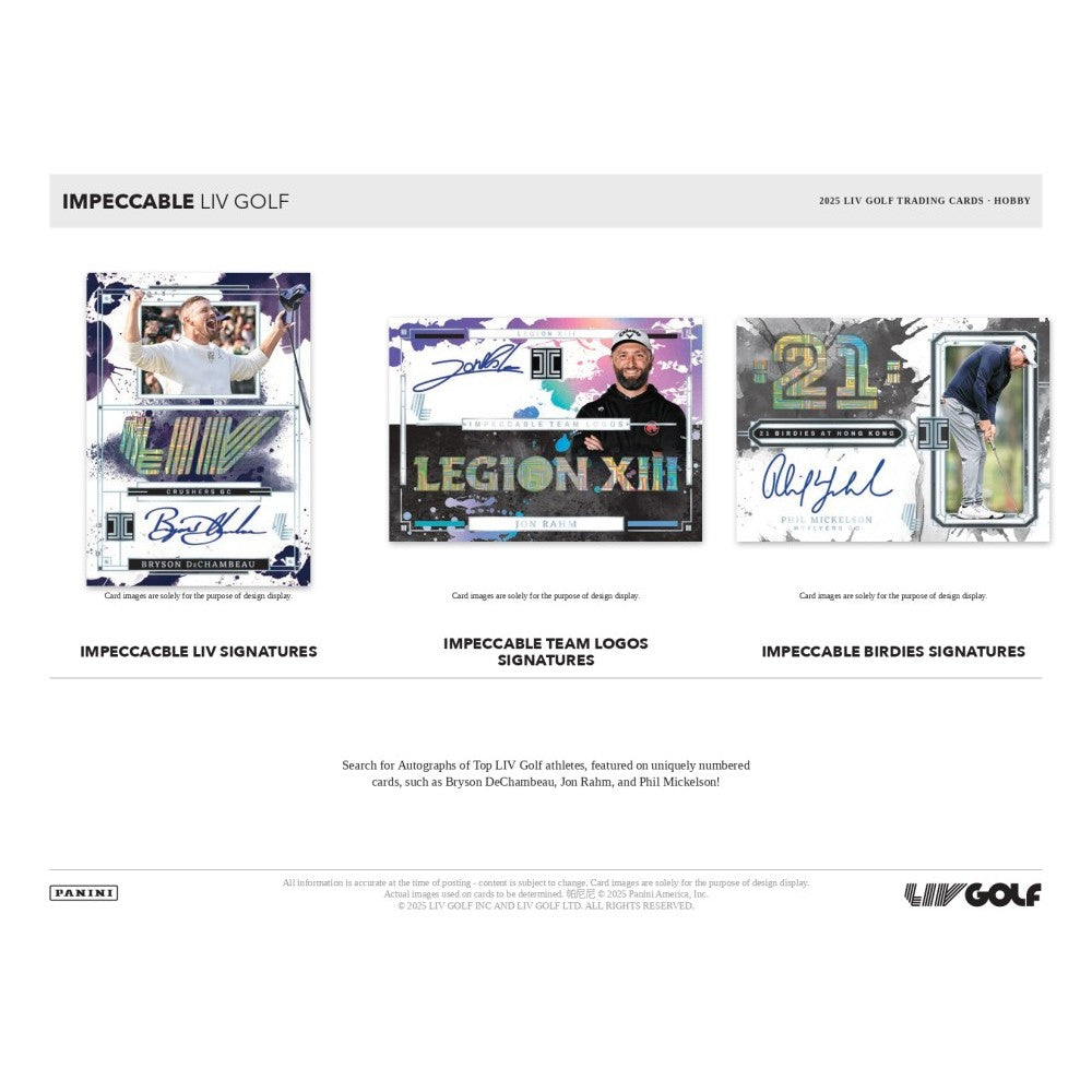 Impeccable LIV Golf trading card pack with various cards displayed.