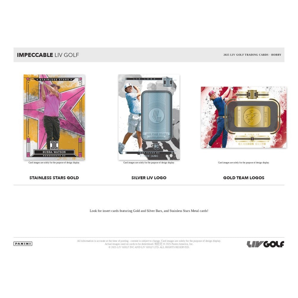 Three trading card packages with different designs on a white background, featuring 'IMPECCABLE LIV GOLF' branding.