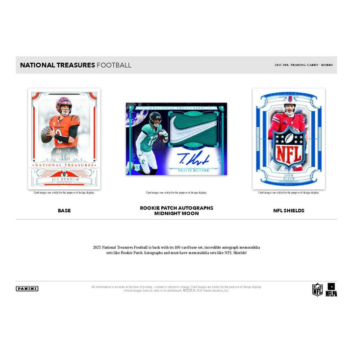 Collection of National Treasures football trading cards with different designs and branding.