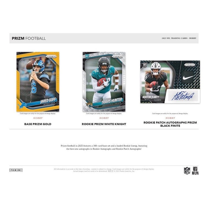 Three football trading cards displayed on a white background with 'Prizm Football' branding.