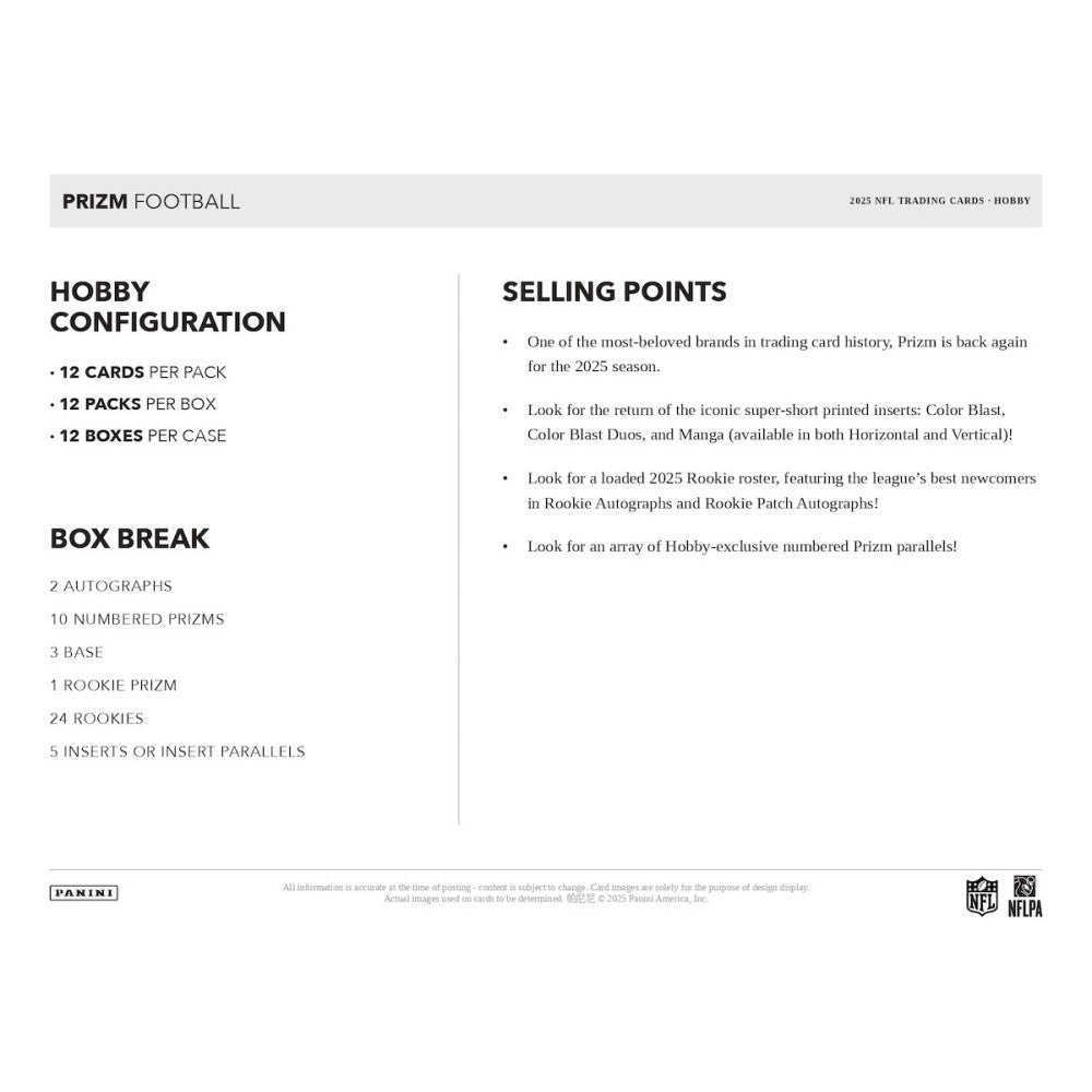 Prism Football trading card product sheet with hobby configuration and selling points.
