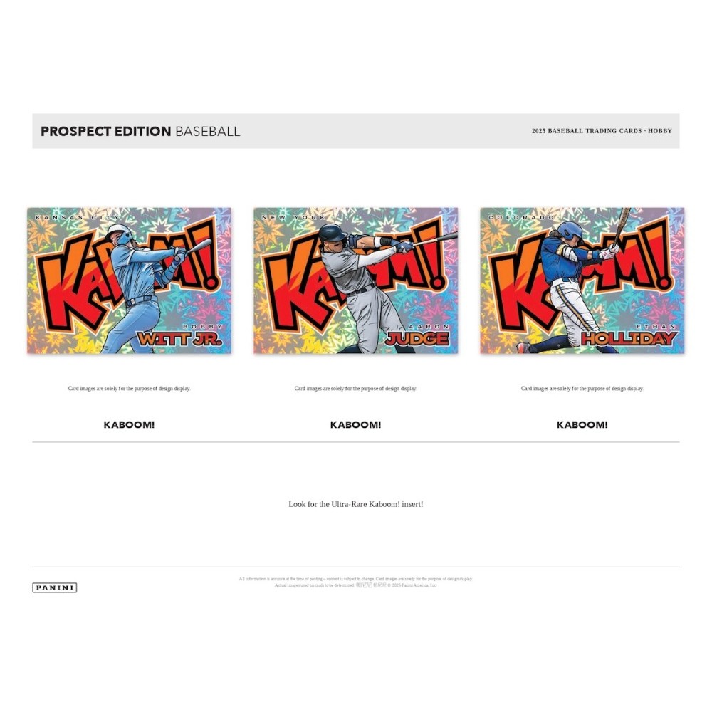 Three colorful baseball trading card designs with 'Kaboom!' branding on a white background.