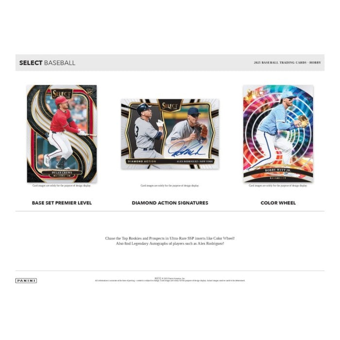 A marketing promo highlighting various types of cards that can be found in 2025 Select Baseball including Base Set Premier Level cards, Color Wheel cards, and Diamond Action Signatures cards.