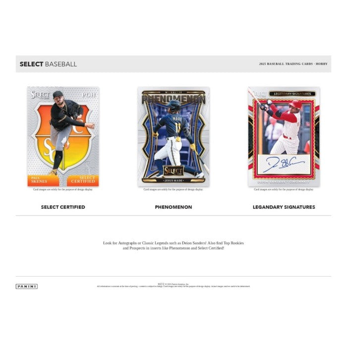 A marketing promo highlighting various types of cards that can be found in 2025 Select Baseball including Select Certified cards, Phenomenon cards, and legendary signatures cards.