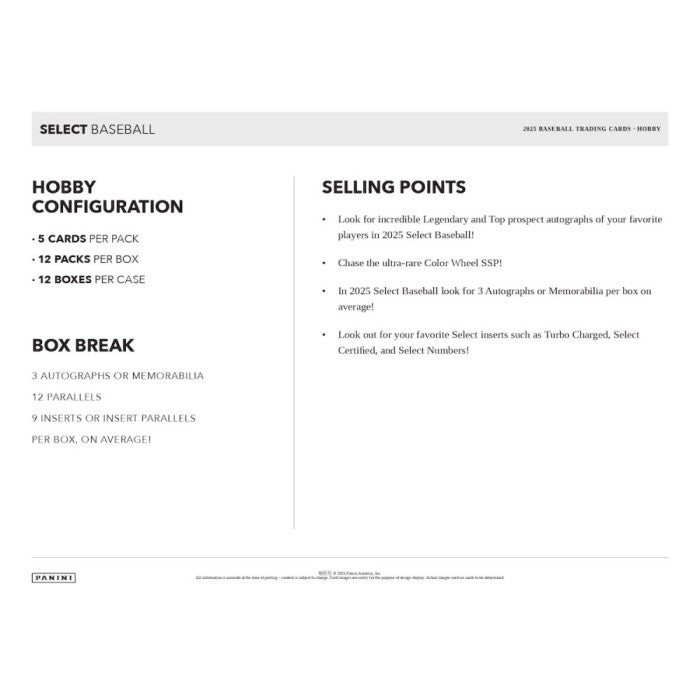 Marketing promo detailing the configuration of 2025 Select Baseball Hobby Boxes.