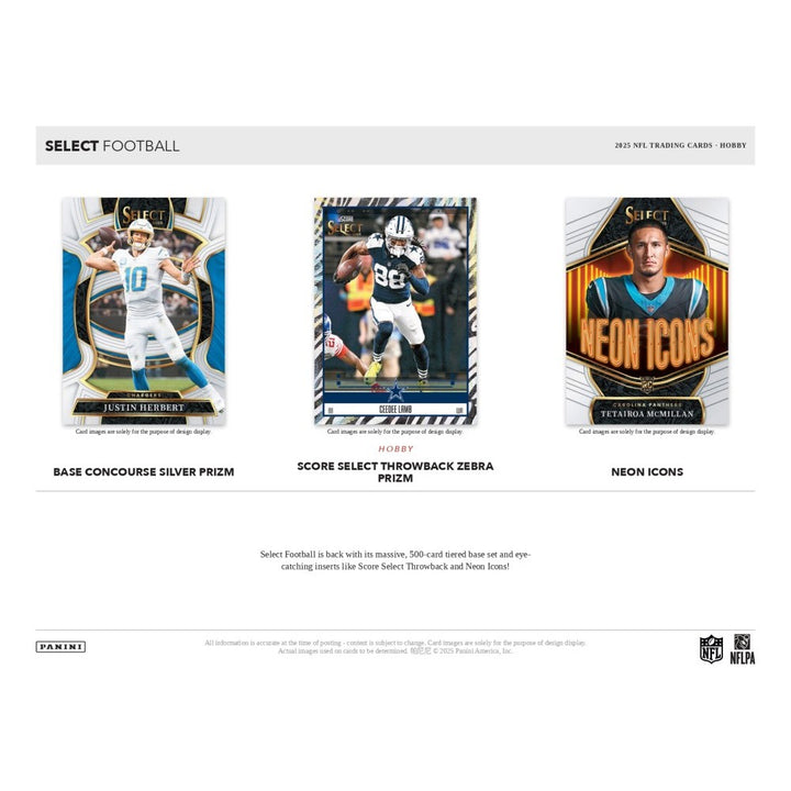 Three football trading cards displayed on a white background with Panini branding.