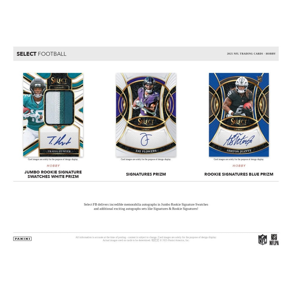 Three football trading card packs with player images and autographs on a white background.