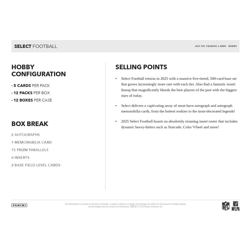 Product packaging for 2025 Panini Select Football trading cards with hobby configuration details.