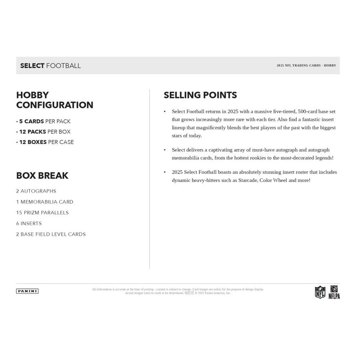 Product packaging for 2025 Panini Select Football trading cards with hobby configuration details.