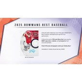 2025 Bowman's Best Baseball trading card packaging with a card inside featuring a player in a red uniform.