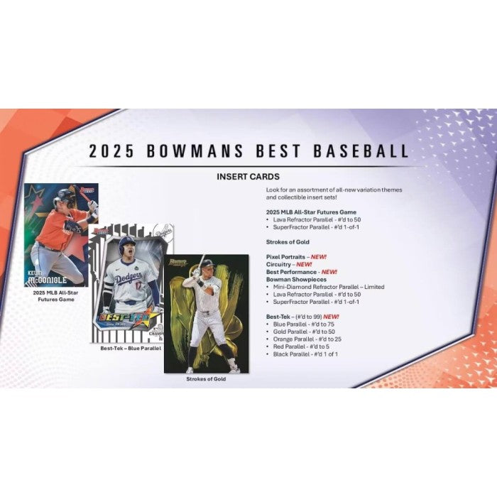 2025 Bowman's Best Baseball trading card pack with inserts and details.