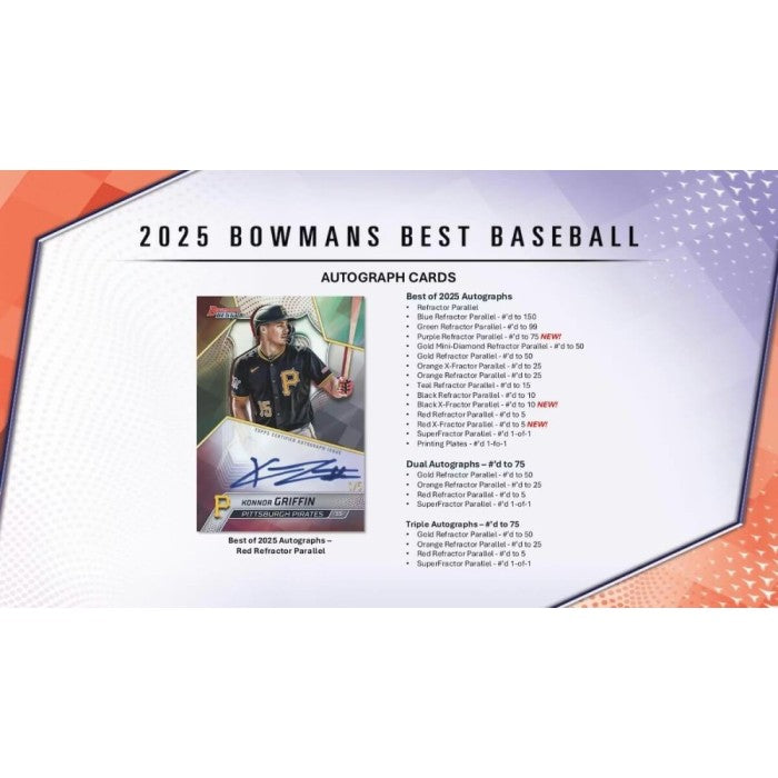 2025 Bowman's Best Baseball trading card packaging with a player image and text.