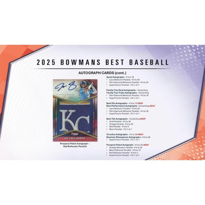 2025 Bowman's Best Baseball trading card packaging with a player image and text.