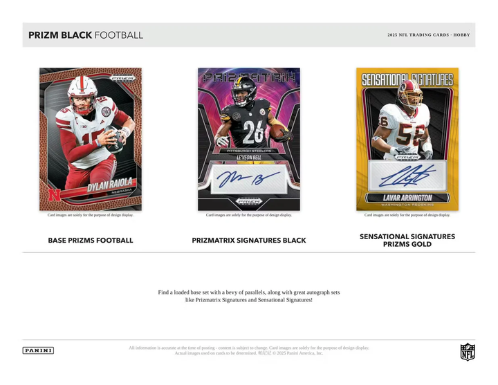 Three sports trading card designs including Base, Prizmatrix Signatures Black, and Sensational Signatures Prizms Gold cards on a white background with Panini branding.