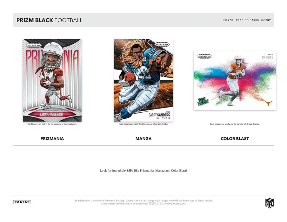 Three sports trading card designs including Prizmania, Manga, and Colorblast cards on a white background with Panini branding.