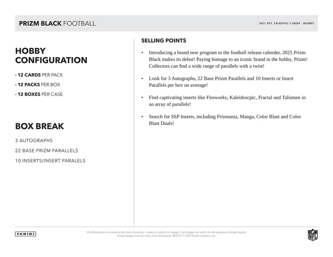 Product description sheet for Prizm Black Football hobby configuration with text and branding.