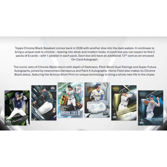 An image with examples of 2026 Topps Chrome Black Baseball Cards showing autograph cards and specialty design cards. 