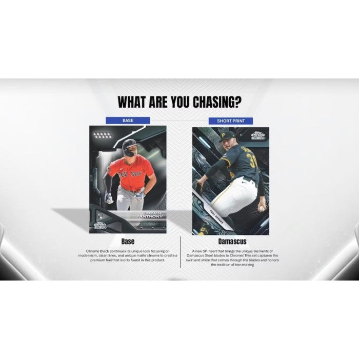 An image with examples of 2026 Topps Chrome Black Baseball Cards including Base Cards and Damascus Cards.