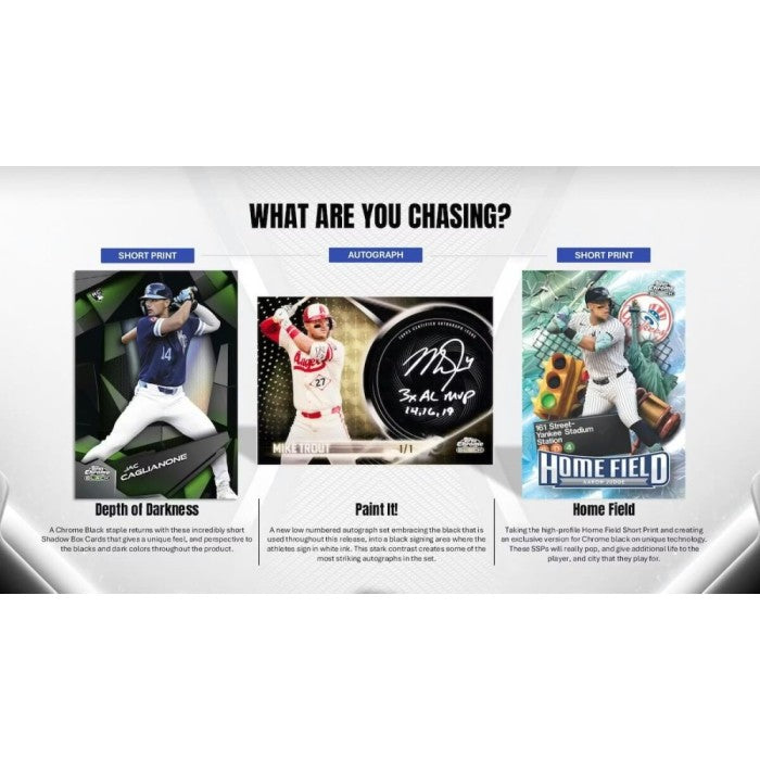 An image with examples of 2026 Topps Chrome Black Baseball Cards including Depth of Darkness Cards, Paint It Cards, and Home Field Cards.