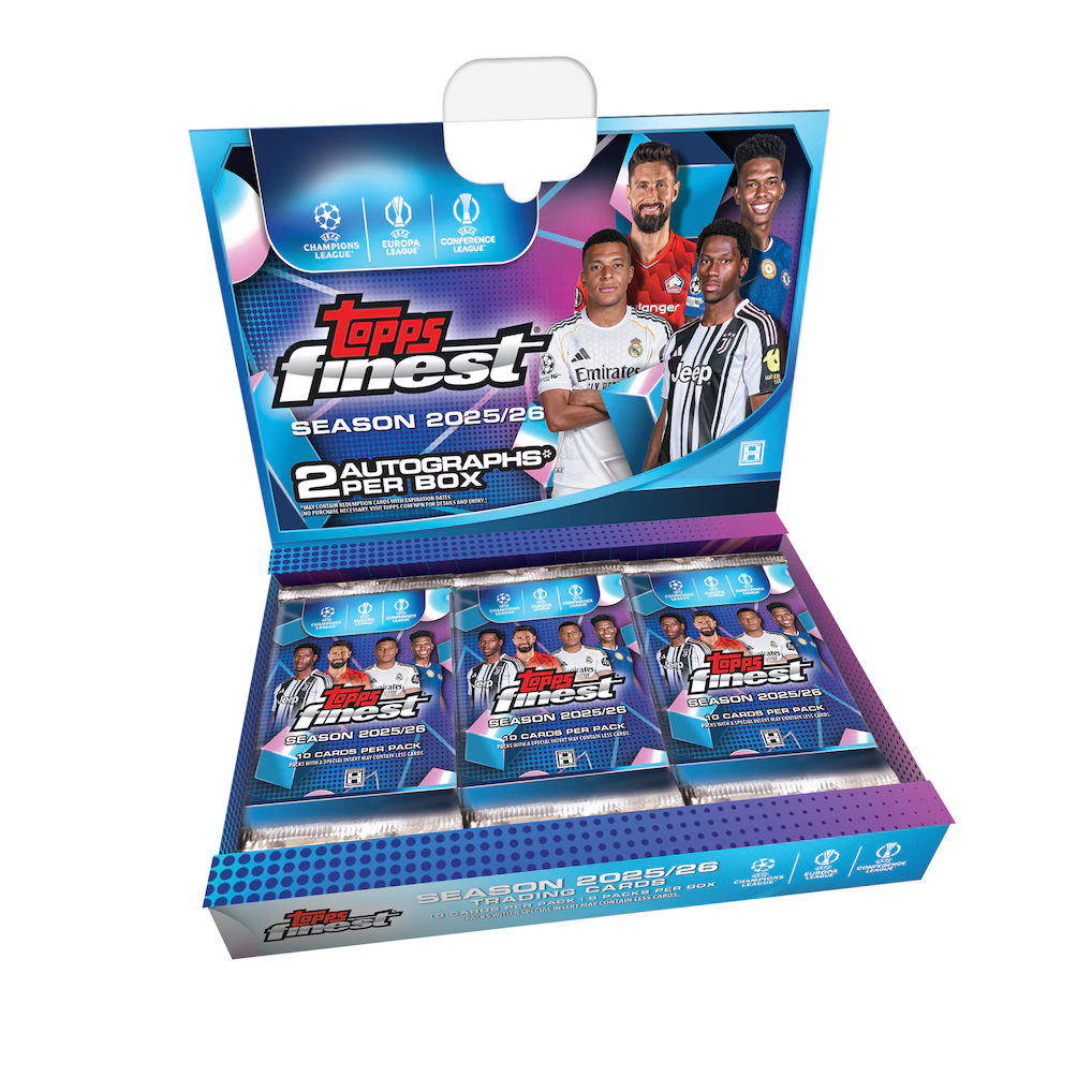 An open box of 2025-2026 Topps Finest UEFA Club Competitions Soccer Hobby Box on a white background.