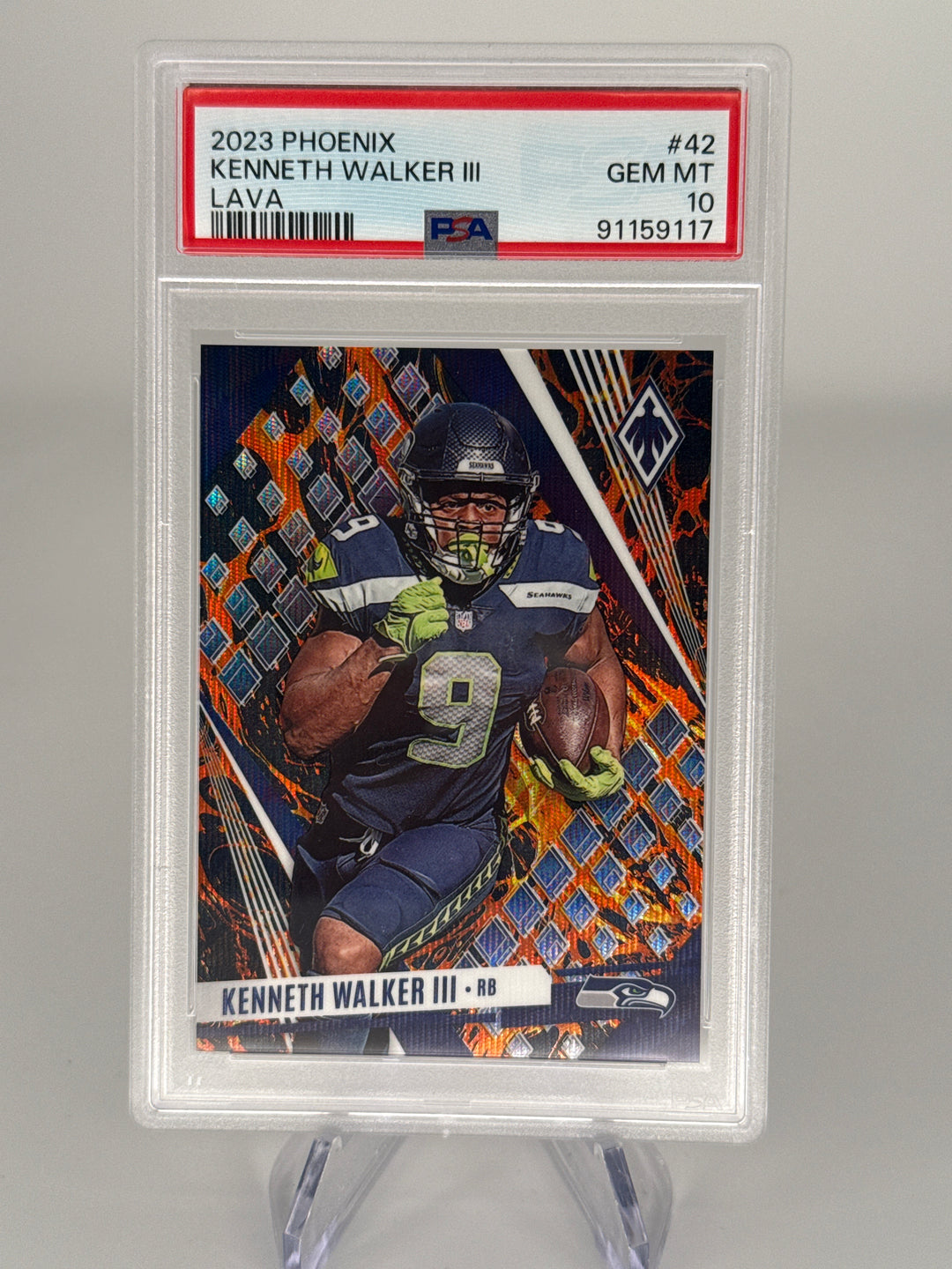 Kenneth Walker 2023 Panini Phoenix SP Lava Prizm, 107/150, PSA 10 Gem Mint
