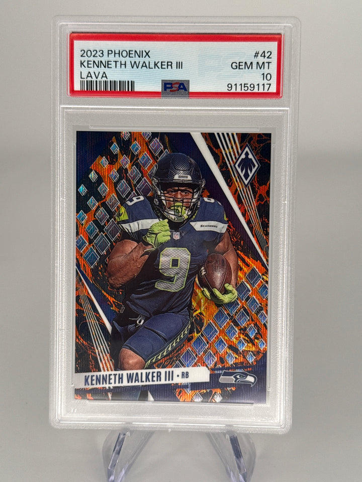 Kenneth Walker 2023 Panini Phoenix SP Lava Prizm, 107/150, PSA 10 Gem Mint