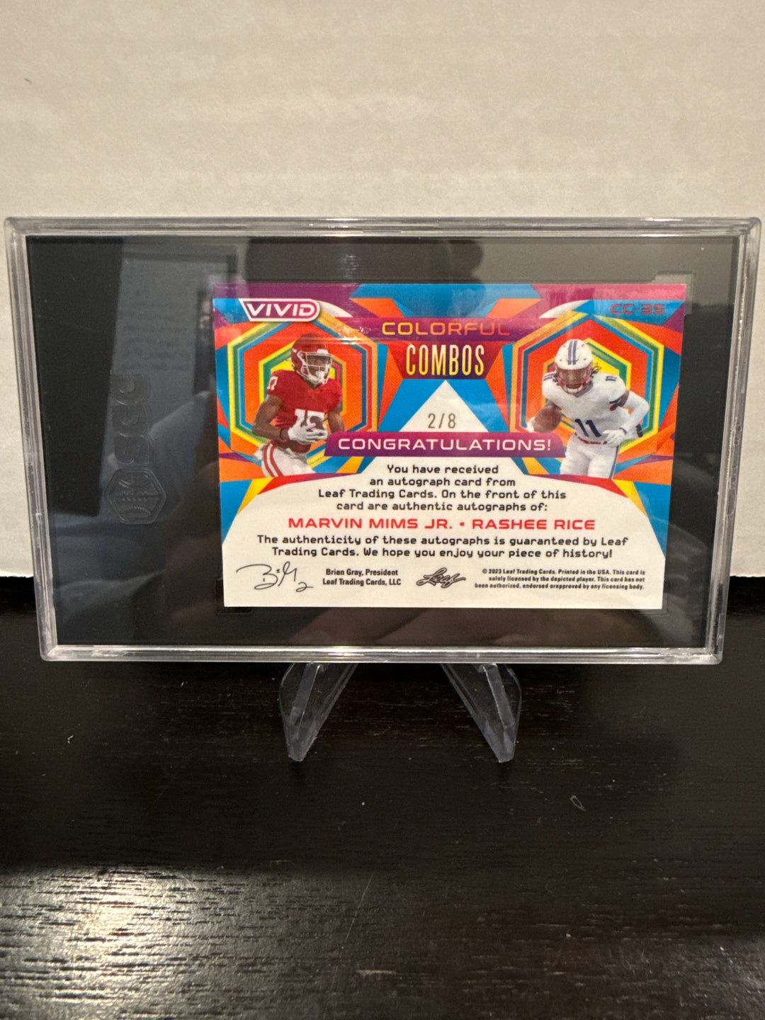 Marvin Mims Jr/Rashee Rice 2023 Leaf Vivid Colorful Combos Dual Rookie Auto Red, 2/8, SGC 9.5 Gem Mint