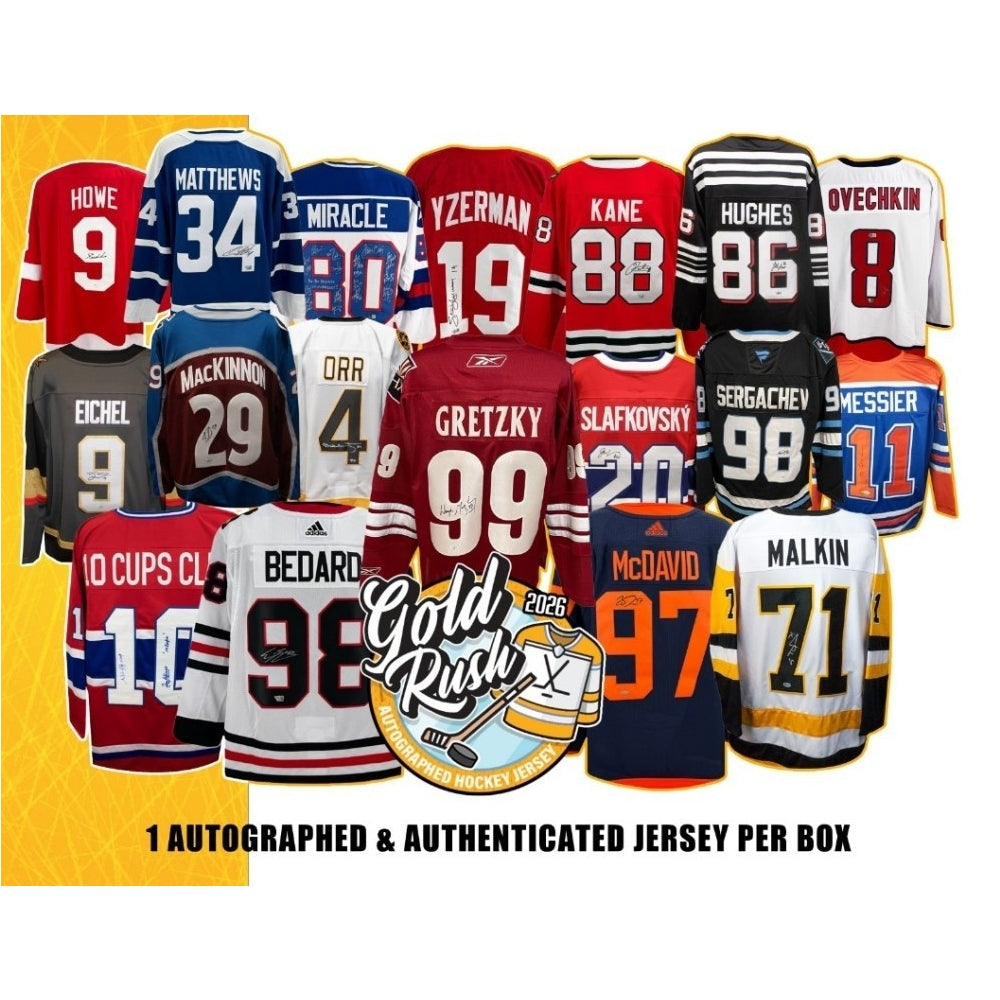 A collage of multiple hockey jerseys in different colors and team designs, with a large 'Gold Rush Pro' logo in the center and text at the bottom reading '1 AUTOGRAFED & AUTHENTICATED JERSEY PER BOX'. The jerseys feature player names and numbers such as Matthews 34, Miracle 80, Yzerman 19, Kane 88, Hughes 86, Ovechkin 8, Eichel 9, Mackinnon 29, Orr 4, Gretzky 99, Slafkovsky 20, Sergachev 98, Nessesser 11, Couts 10, Bedard 98, McDavid 97, and Malkin 71.