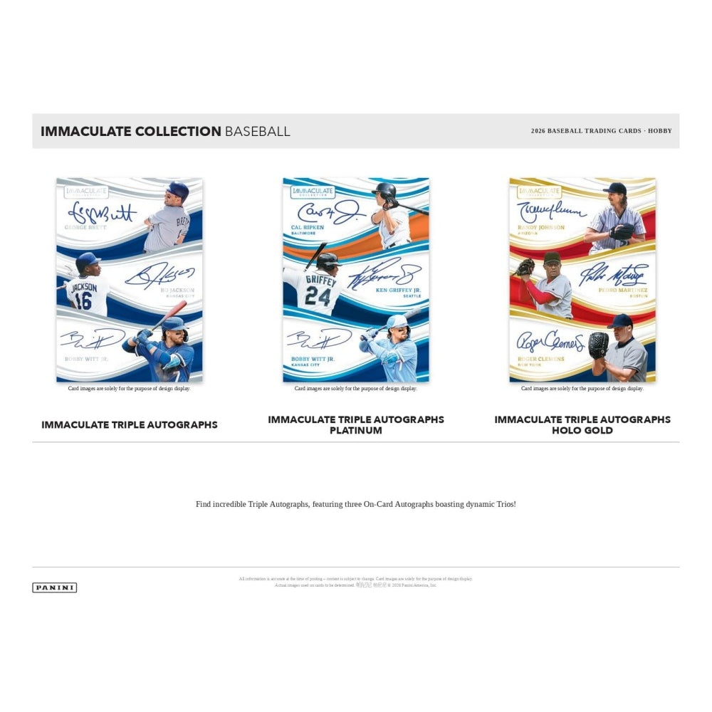 Panini Immaculate Collection Baseball trading card display card showing three autograph trios: Immaculate Triple Autographs, Immaculate Triple Autographs Platinum, and Immaculate Triple Autographs Hold Gold.