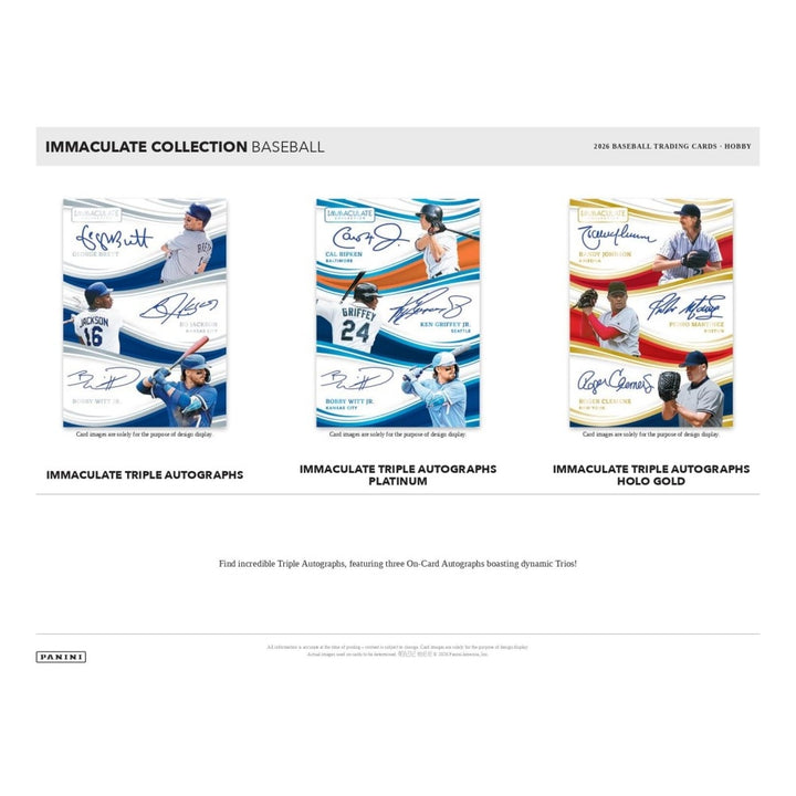 Panini Immaculate Collection Baseball trading card display card showing three autograph trios: Immaculate Triple Autographs, Immaculate Triple Autographs Platinum, and Immaculate Triple Autographs Hold Gold.
