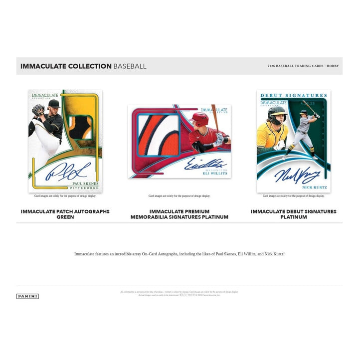 Panini Immaculate Collection Baseball  Hobby box contents display showing three card designs: Paul Skenes 'Immaculate Patch' autographs green, Eli Willits 'Immaculate Premium' memorabilia signatures platinum, and Nick Kurtz 'Immaculate Debut Signatures' platinum.